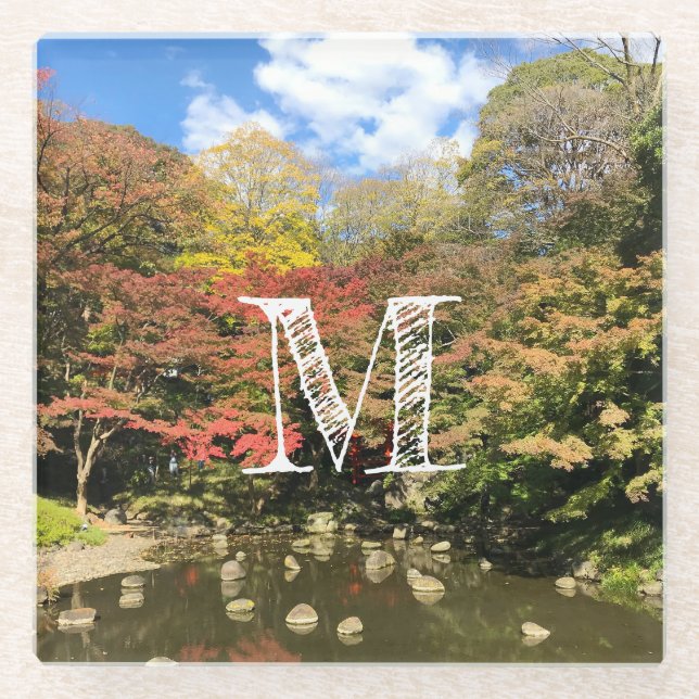 Colored Maple Trees by Pond Glass Coaster (Front)