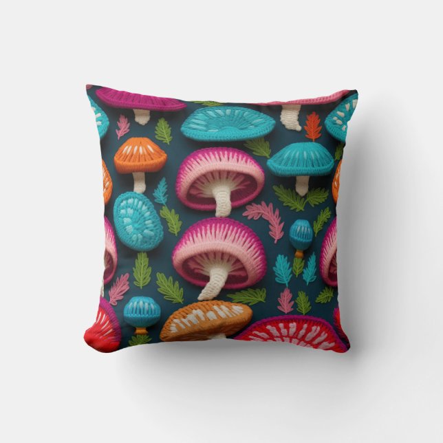 Colored Mushroom Embroidery Background Throw Pillow (Front)
