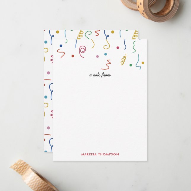 Colored Party Confetti Custom Name Note Card (Front/Back In Situ)