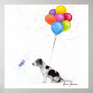 Colored Pencil Drawing The Beagle Dog And Balloons Poster