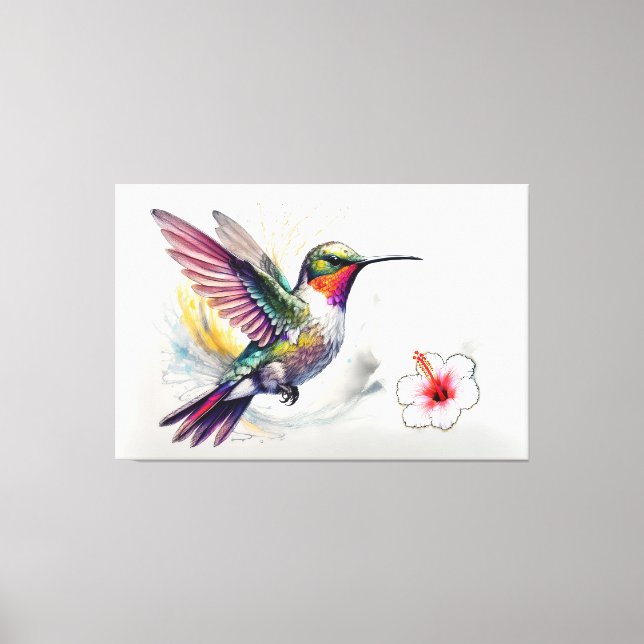 Colored Pencil Hummingbird With Flower Canvas Print (Front)