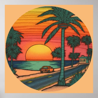 Colored Pencil look of a round beach sunset Poster