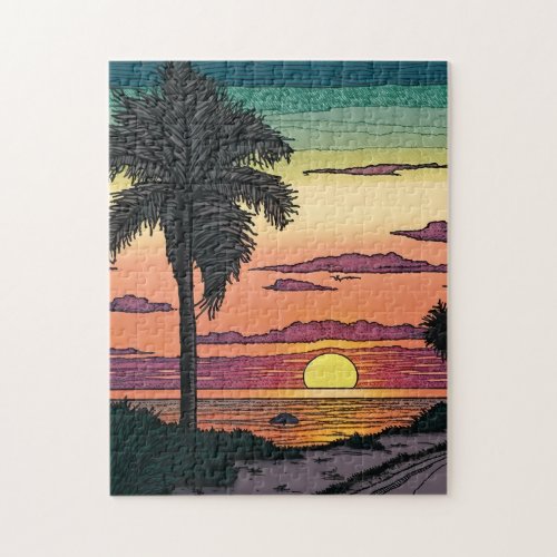 Colored Pencil look of a stunning beach sunset Jigsaw Puzzle