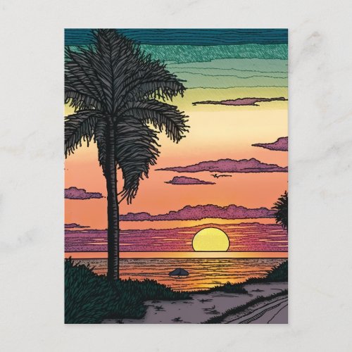 Colored Pencil look of a stunning beach sunset Postcard