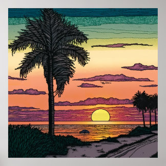 Colored Pencil look of a stunning beach sunset Poster