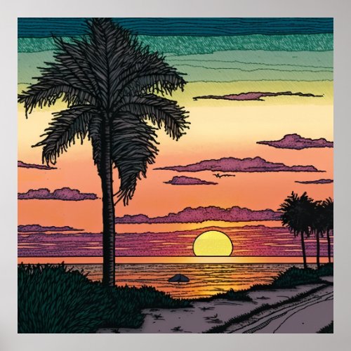 Colored Pencil look of a stunning beach sunset Poster