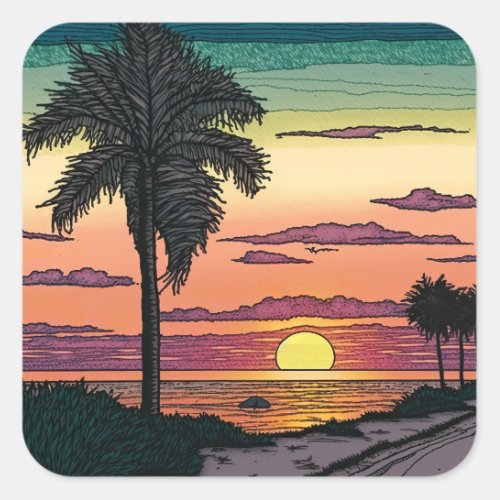 Colored Pencil look of a stunning beach sunset Square Sticker