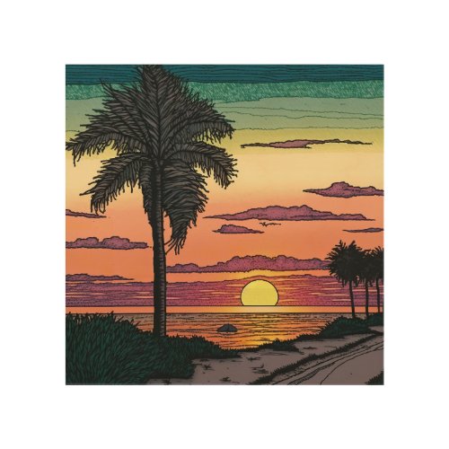 Colored Pencil look of a stunning beach sunset Wood Wall Art