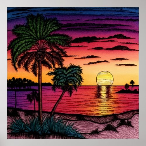 Colored Pencil look of a stunning sunset Poster