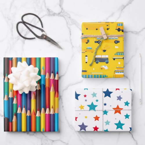 Colored Pencil School Bus Colorful Stars Wrapping Paper Sheets