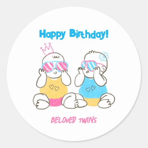 Colored Pencil Twins Happy Birthday Round Stickers