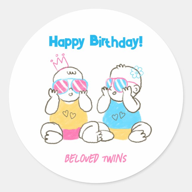 Colored Pencil Twins Happy Birthday Round Stickers (Front)