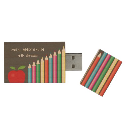 Colored Pencils and Apple Teacher Wood Flash Drive