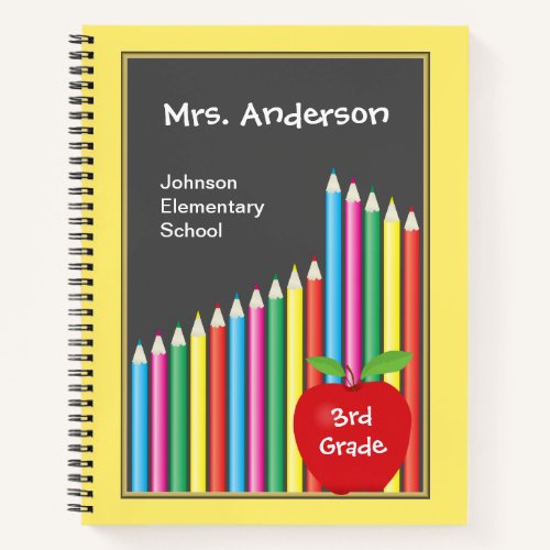 Colored Pencils and Red Apple Teacher Notebook - This spiral notebook features a chalkboard background accented with colored pencils and is accented with a whimsical red apple. Custom text allows you to add teachers name, school and grade level. It's a perfect item for any teacher.