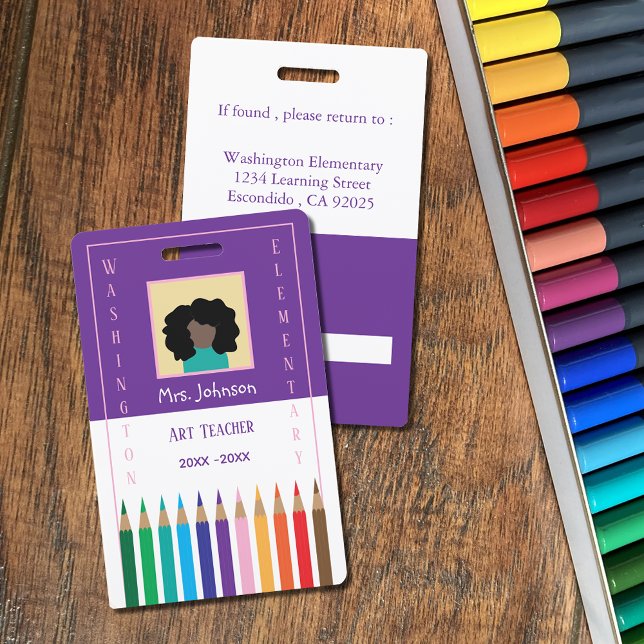 Colored Pencils Art Teacher Photo ID Badge (Vertical purple and white teacher photo ID badge featuring colored pencils . )
