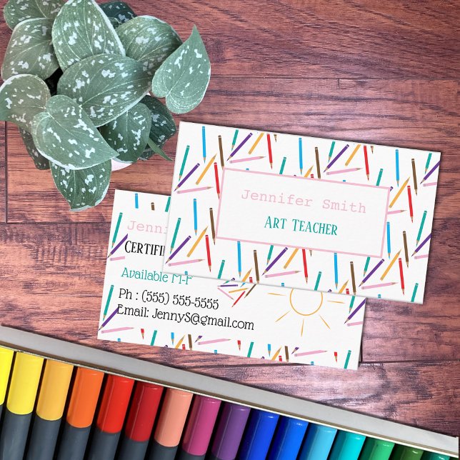 Colored Pencils Art Teacher White Business Cards (On a desk , view on both sides .)