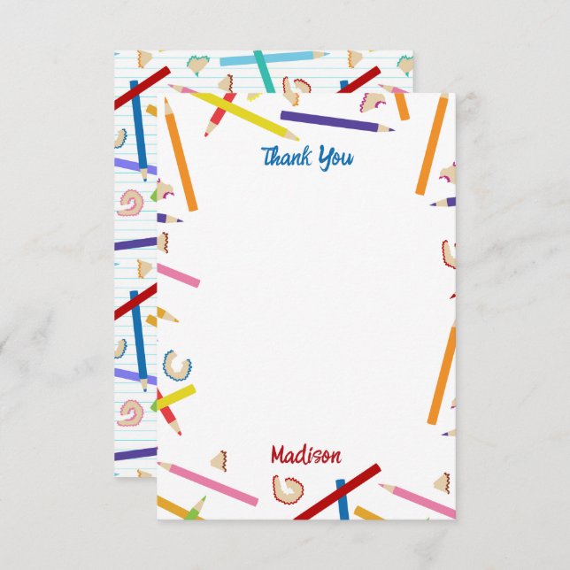 Colored Pencils Pattern Kids Custom Name Thank You Card (Front/Back)