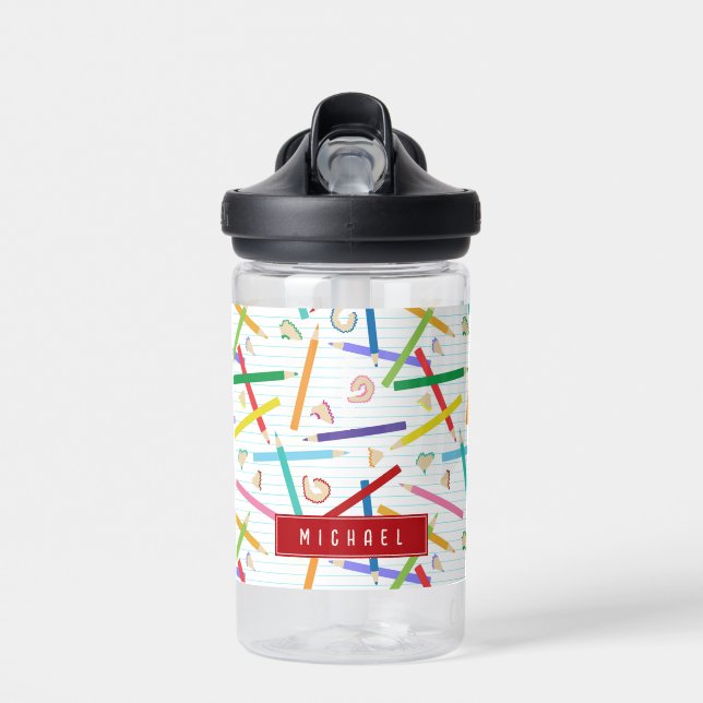 Colored Pencils Pattern Kids School Water Bottle (Front)