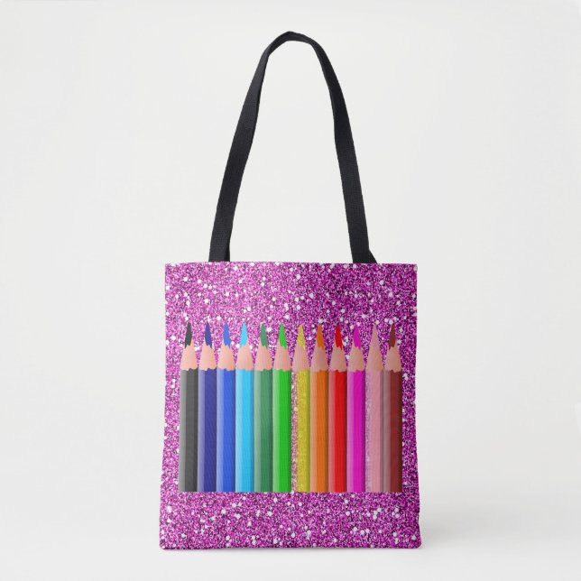 Colored Pencils Pink Faux Glitter Tote Bag (Front)