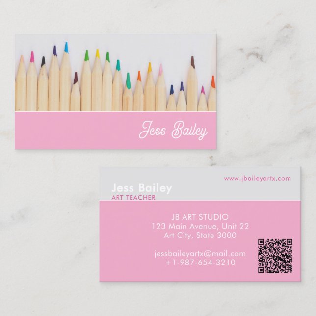 Colored Pencils Pink Teacher Business Card (Front/Back)