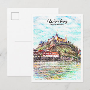 Colored Pencils Sketch Wurzburg Bavaria Germany Postcard