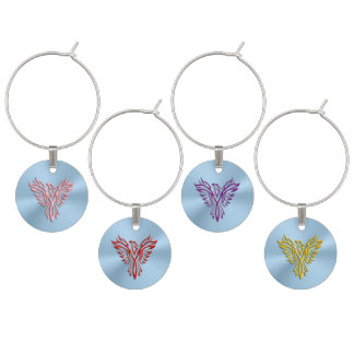 Colored Phoenix birds rise from ashes on ice blue Wine Charm