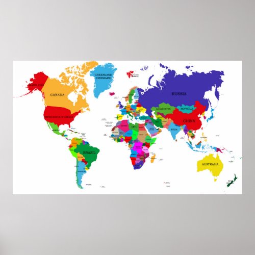 Colored Political World Map Poster