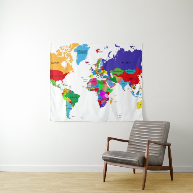Colored Political World Map Tapestry (In Situ (Horizontal))