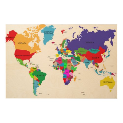 Colored Political World Map Wood Wall Art
