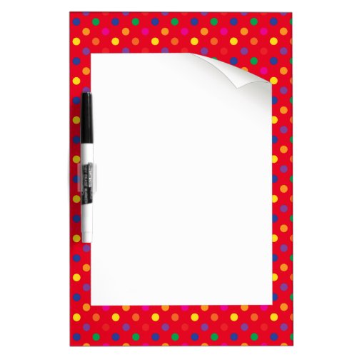 colored polka dots on red dry erase board