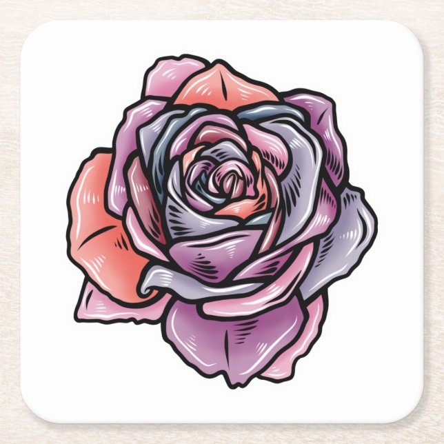 Colored Rose Flower Square Paper Coaster (Front)