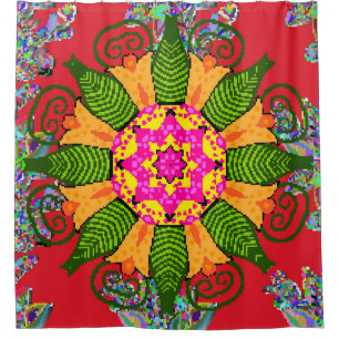 Colored round floral mandala on a red,  green and  shower curtain