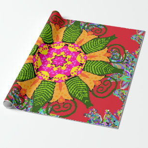 Colored round floral mandala on a red, green and wrapping paper