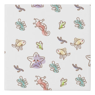 Colored sealife pattern with seastars and fishes v faux canvas print