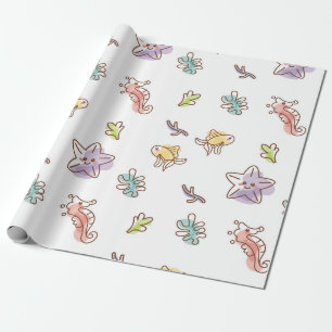 Colored sealife pattern with seastars and fishes v wrapping paper