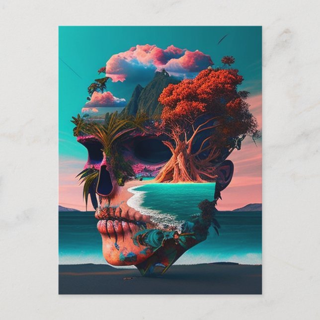 Colored skull head holiday postcard (Front)