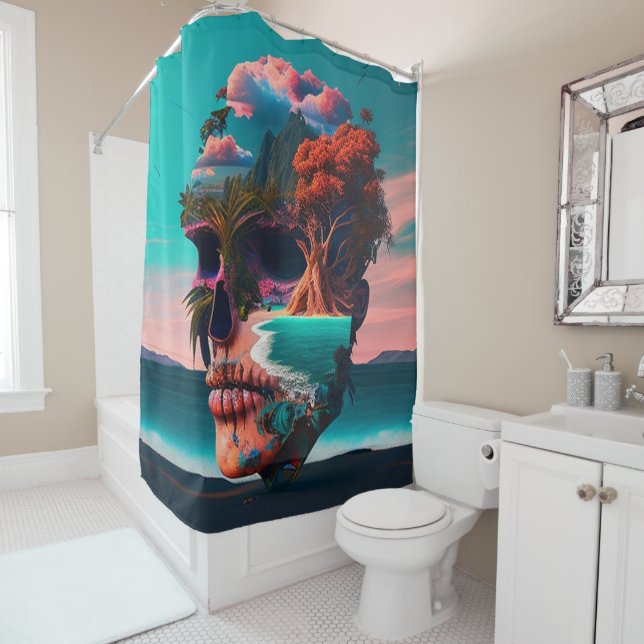 Colored skull head shower curtain (In Situ)