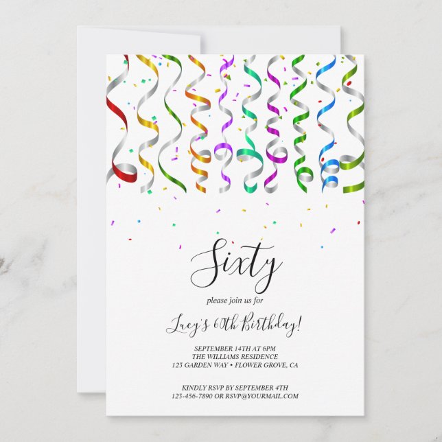 Colored Streamers & Confetti 60th Birthday Invitation (Front)