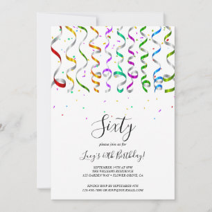 Colored Streamers & Confetti 60th Birthday Invitation