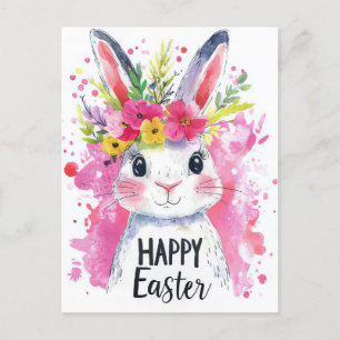 Colored watercolor Oster Postcard with Easter Bunn