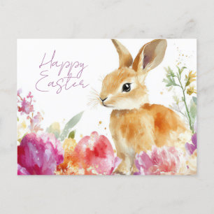 Colored watercolor Oster Postcard with Easter Bunn