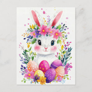 Colored watercolor Oster Postcard with Easter Bunn