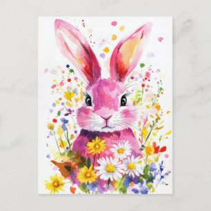 Colored watercolor Oster Postcard with Easter Bunn