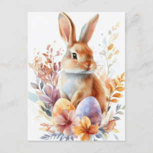 Colored watercolor Oster Postcard with Easter Bunn