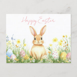 Colored watercolor Oster Postcard with Easter Bunn