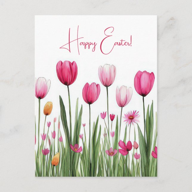 Colored watercolor Oster postcard with tulips (Front)