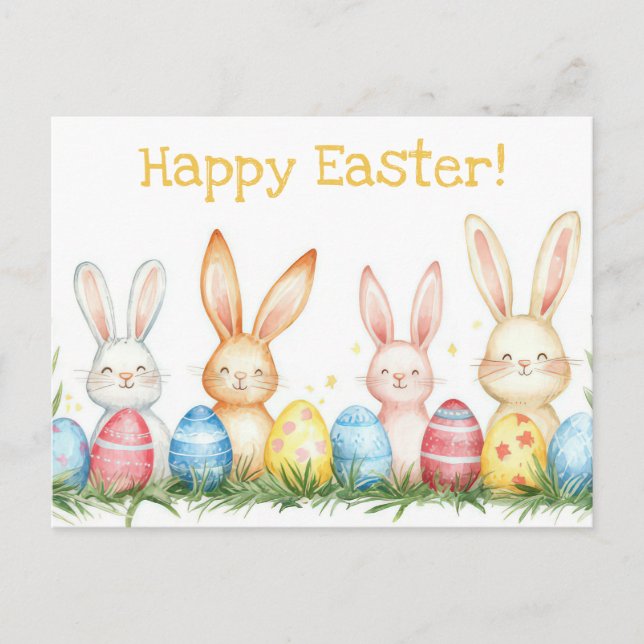 Colored watercolor Postcard with Easter Bunny (Front)
