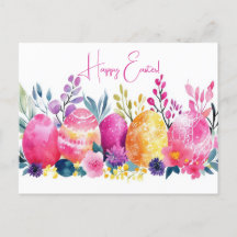 Colored watercolor postcard with Easter eggs