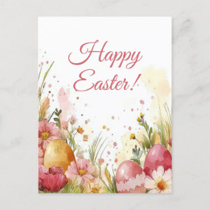 Colored watercolor postcard with Easter eggs