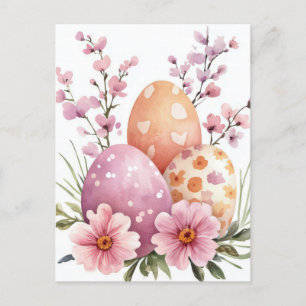 Colored watercolor postcard with Easter eggs
